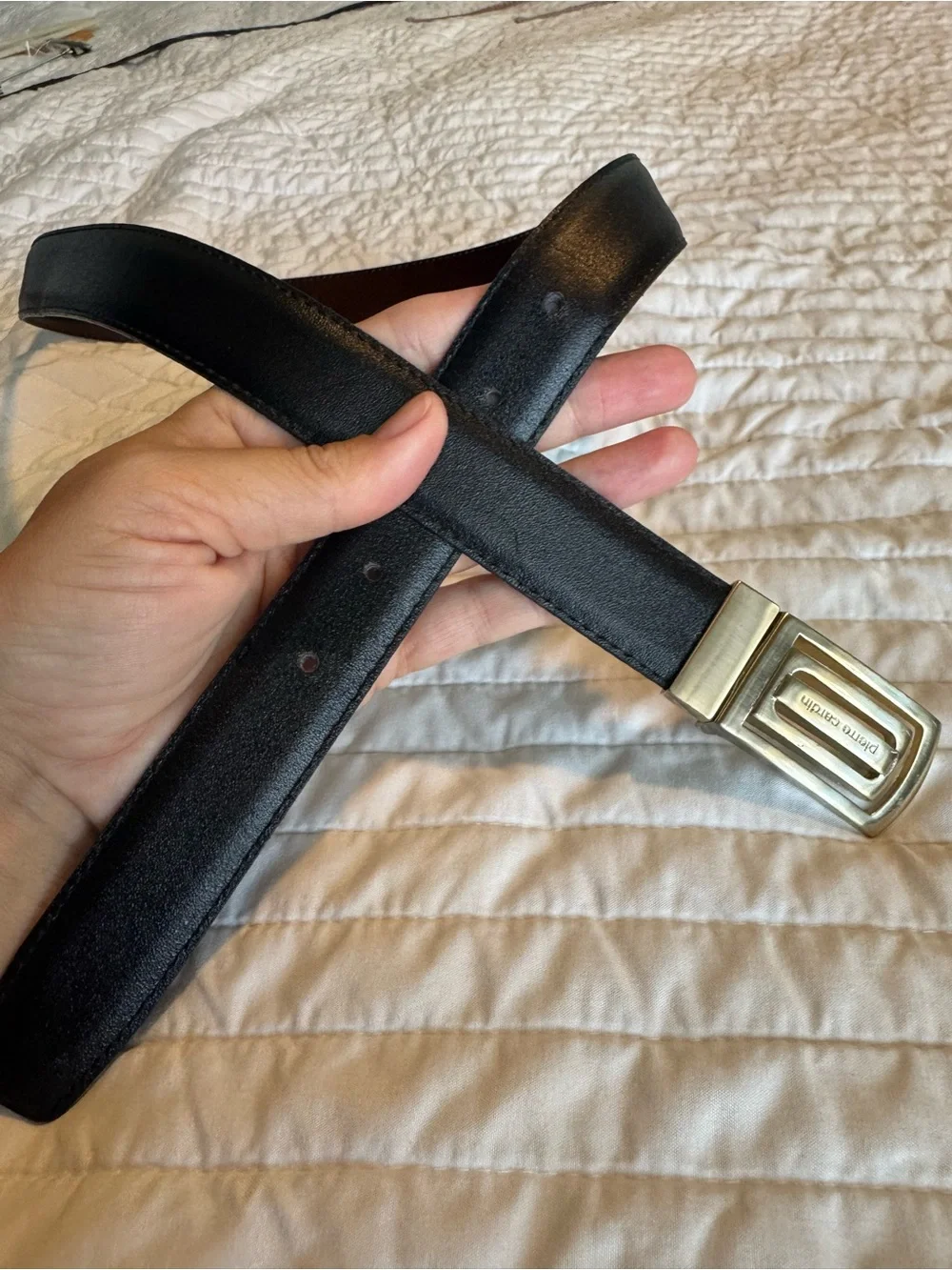pierre cardin vintage black leather belt gold tone statement buckle